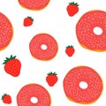 Seamless pattern red donuts with strawberries vector food illustration.